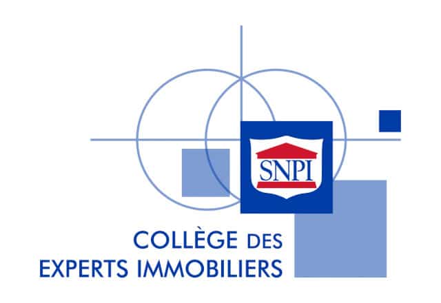 Logo Collège des Experts Immobiliers SNPI avec formes géométriques bleues et icône de temple rouge.