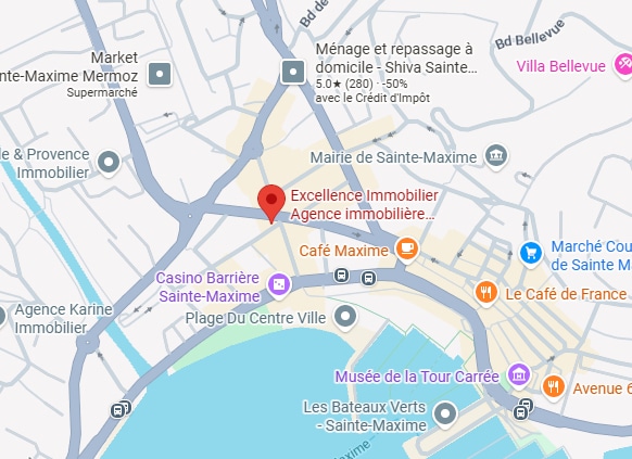 Plan Sainte-Maxime : Agence Excellence Immobilier et Port Carte de Sainte-Maxime situant Excellence Immobilier, le Casino Barrière et la zone portuaire.